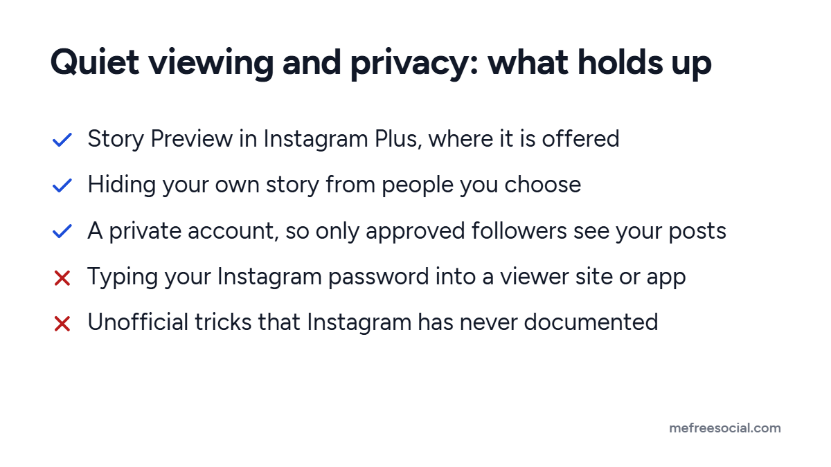 Checklist: Story Preview, hiding your story and a private account hold up; giving a viewer site your password and undocumented tricks do not
