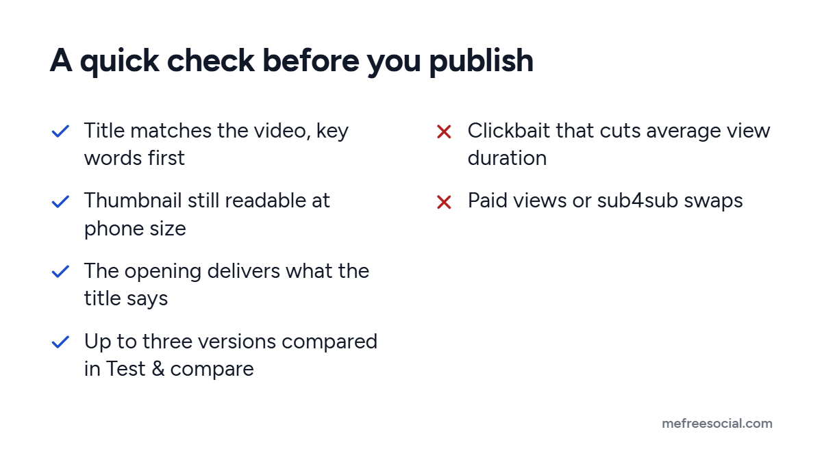 Checklist of four habits that help a YouTube video get more views and two that YouTube treats as problems: clickbait and artificial engagement