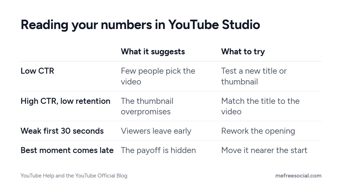 Table linking four YouTube Studio signals, low CTR, high CTR with low retention, a weak first 30 seconds and a late best moment, to what to try