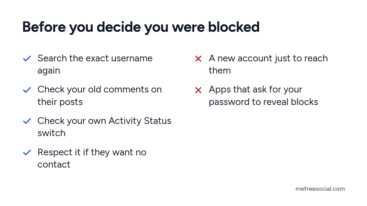 Checklist of four sensible checks before deciding you were blocked on Instagram and two things to avoid: new accounts and apps that ask for your password