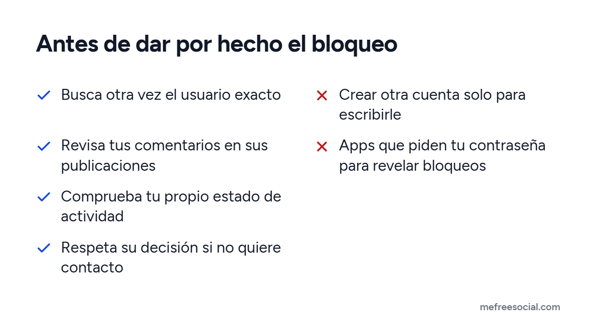 Lista con cuatro comprobaciones antes de dar por hecho un bloqueo en Instagram y dos cosas que evitar: cuentas nuevas y apps que piden tu contraseña