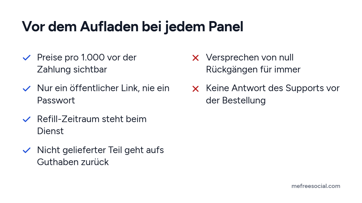 Checkliste mit vier Merkmalen eines zuverlässigen SMM-Panels und zwei Warnsignalen: Versprechen von null Rückgängen und fehlende Support-Antworten