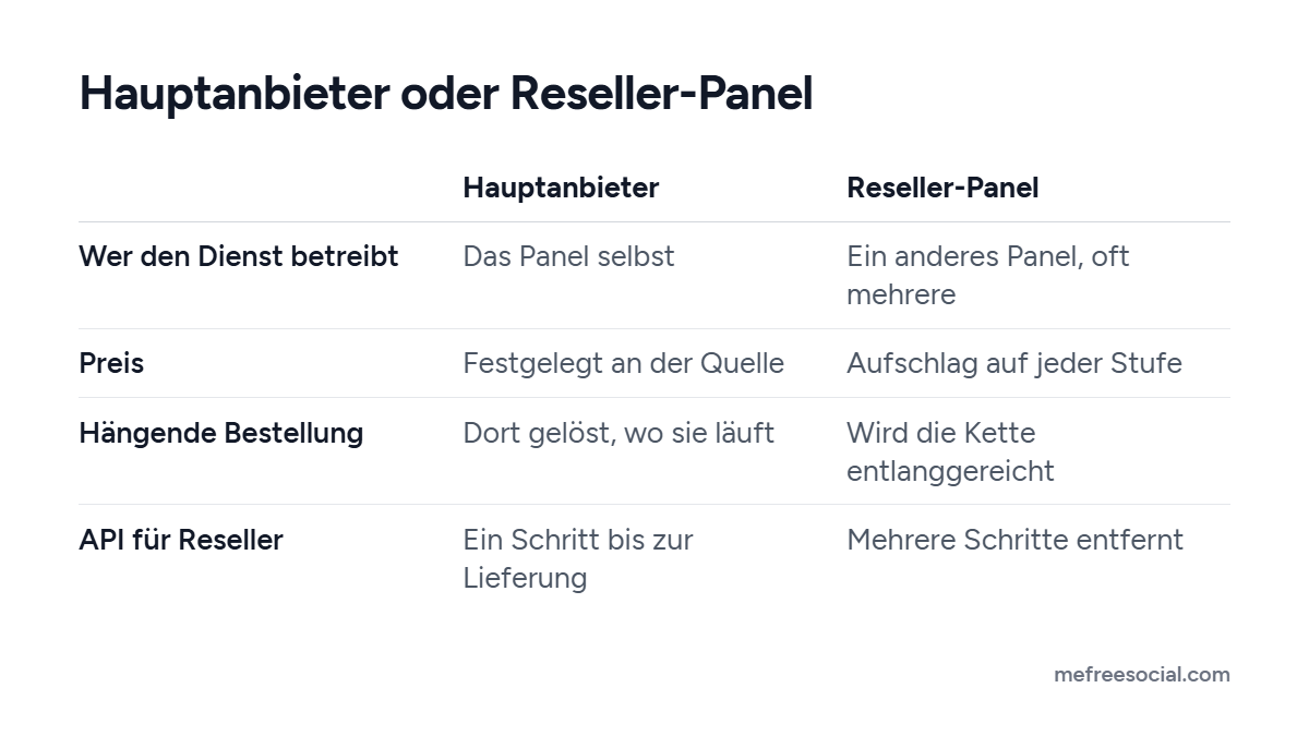 Tabelle: Hauptanbieter und Reseller-Panel im Vergleich nach Betreiber, Preis, Behebung hängender Bestellungen und Anbindung der API