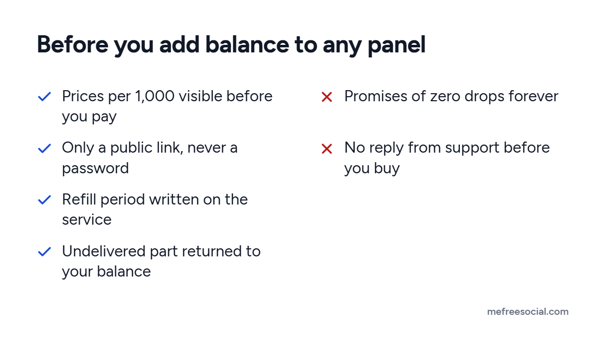 Checklist of four signs of a dependable SMM panel and two warning signs: promises of zero drops and support that does not reply