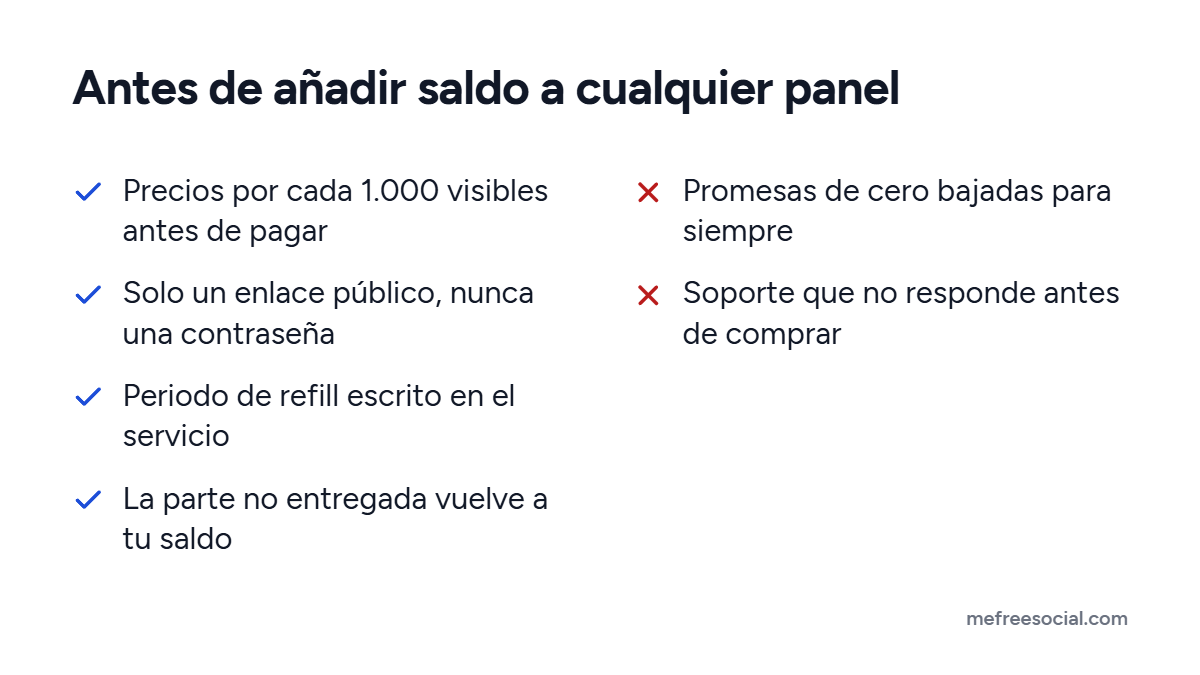 Lista de comprobación con cuatro señales de un panel SMM fiable y dos señales de alerta: promesas de cero bajadas y un soporte que no responde