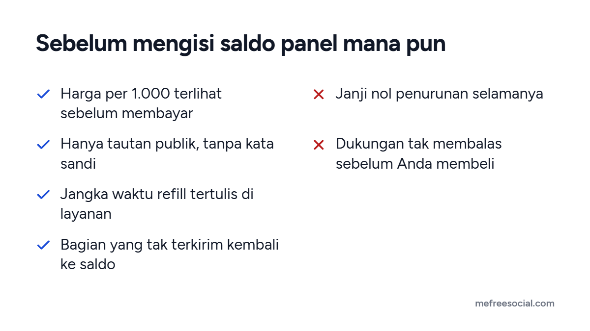 Daftar periksa berisi empat tanda SMM panel yang bisa diandalkan dan dua tanda bahaya: janji tanpa penurunan dan dukungan yang tidak membalas