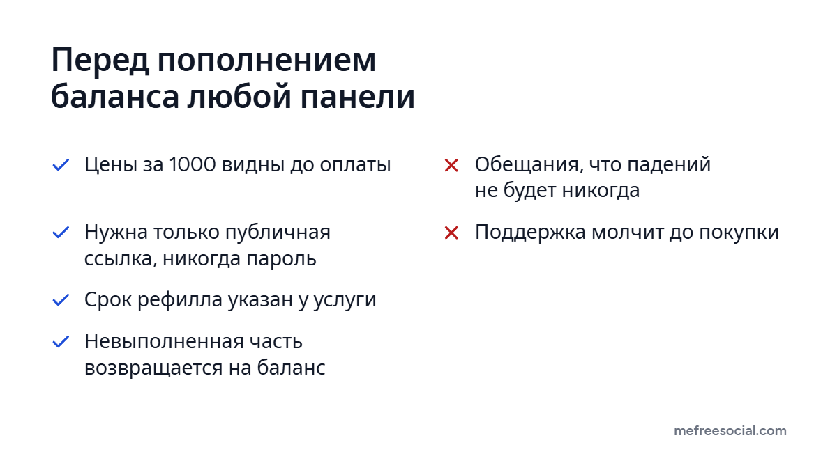 Чек-лист из четырёх условий надёжной SMM-панели и двух тревожных сигналов: обещания нулевых падений и молчащая поддержка